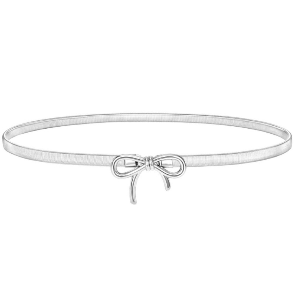 New Womens Elastic silver bow Thin Metal Waist Belt, Stretch Belt For Dresses